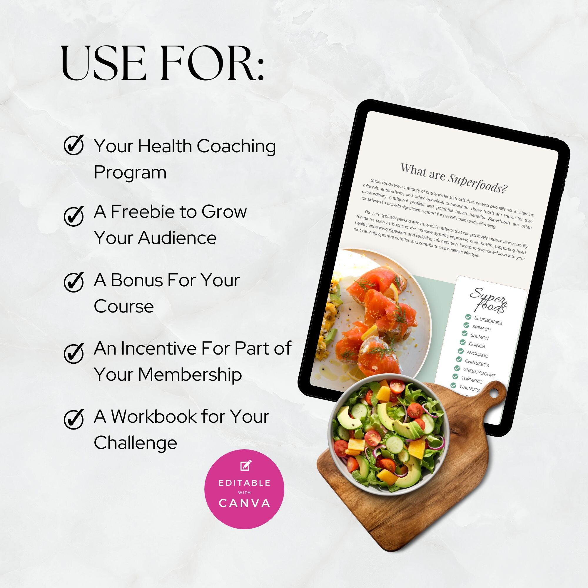 Health Coach Lead Nutrition Coaching Ebook, Superfoods Guide for Clients, Done for You