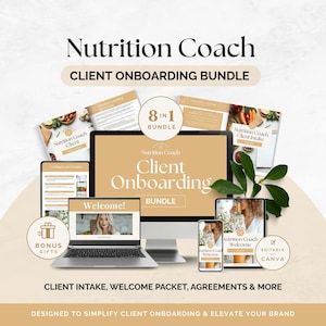 Pacote de modelos de integração para coach de nutrição, formulários de admissão para coach de saúde, contrato de acordo, pacote de boas-vindas, guia de serviços e preços Canva