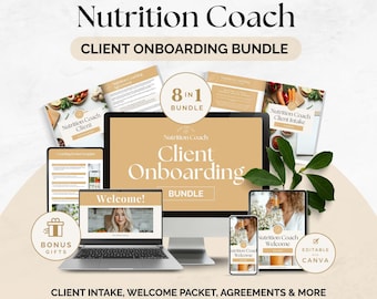 Lot de modèles d'intégration du coach en nutrition, formulaires d'admission pour le coaching santé, contrat d'engagement, kit de bienvenue, guide des services et des tarifs Canva