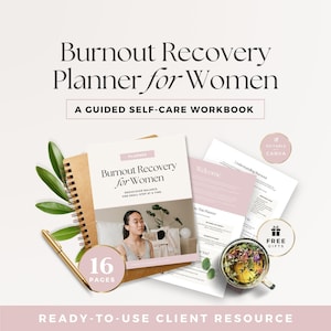 Könnte beinhalten: Ein Selbstpflege-Arbeitsbuch mit dem Titel "Burnout Recovery Planner for Women" mit 16 Seiten. Das Bild zeigt ein Spiralnotizbuch, einen goldenen Stift und eine Tasse Tee. Der Text "A Guided Self-Care Workbook" ist ebenfalls sichtbar.