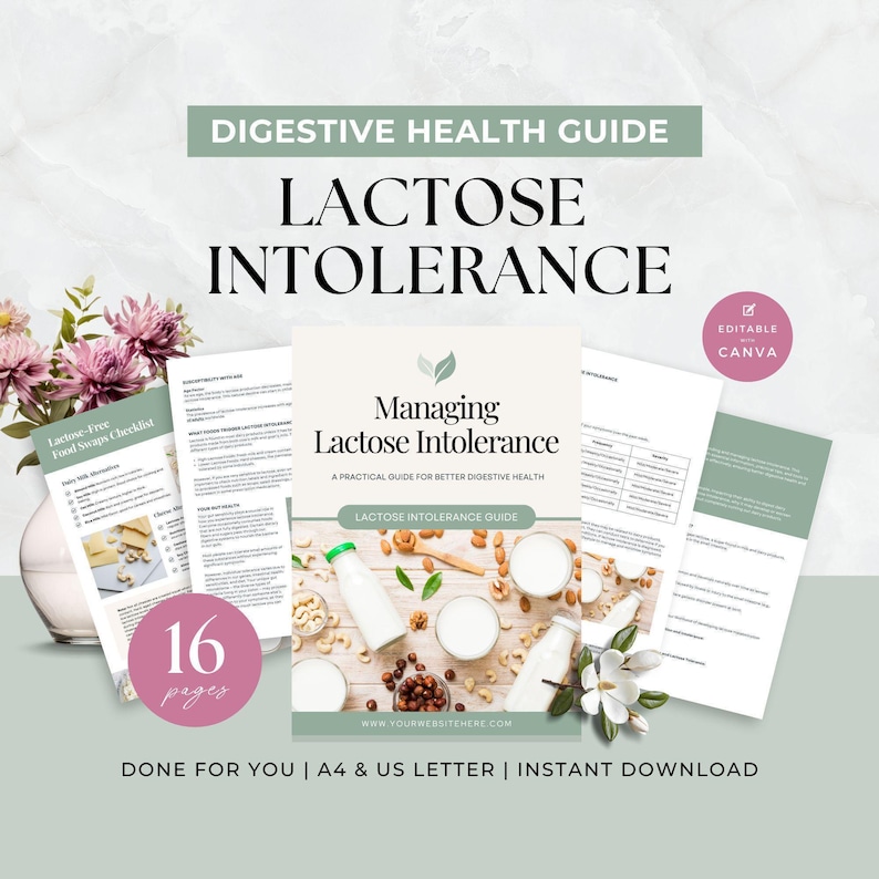 Managing Lactose Intolerance Guide Canva Template | Editable Health Coach Resource | Nutritionist Lead Magnet | Client Wellness Workbook image 1
