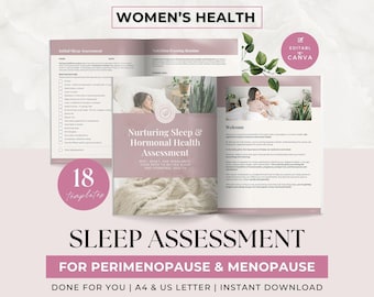 Sömnspårare och journal, mall för hormonell hälsobedömning, coachresurser, coachningsprogram, klimakteriet och klimakteriet, Canva