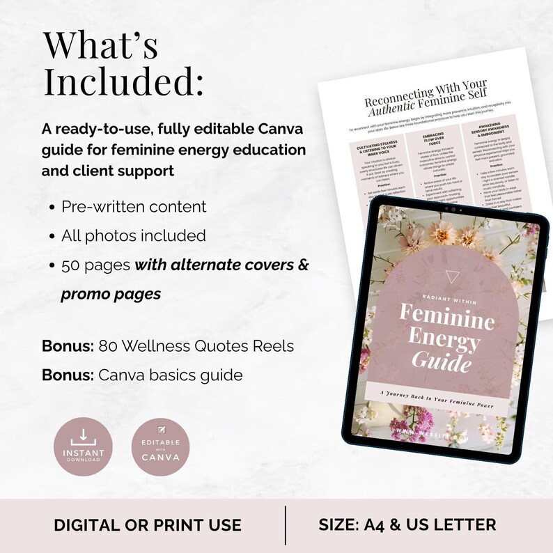 Modèle Canva Guide de l'énergie féminine pour entraîneurs, livre électronique sur l'amour de soi et l'émancipation, instructions et exercices pour la tenue d'un journal, aimant en plomb fait pour vous image 2