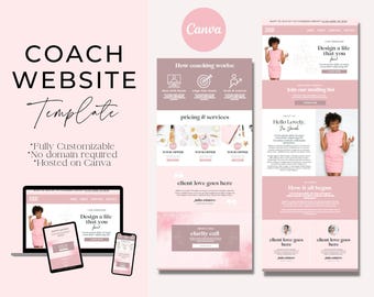 May include: A coach website template featuring a pink and white color scheme. The layout includes sections for pricing, services, and client testimonials, with placeholder text and images of a person in a pink dress. The design is displayed on a laptop, tablet, and smartphone screen.