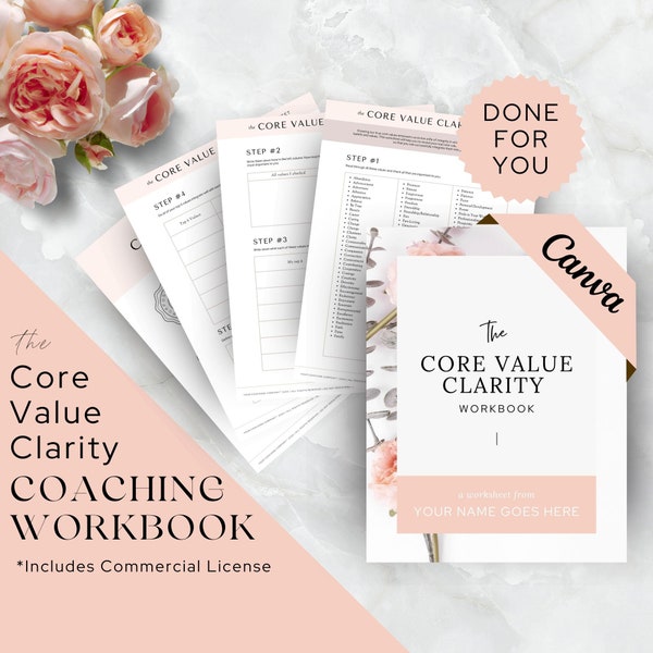 Coaching Worksheet Canva Template, Coaching Business Forms, Done For You Workbook, Life Coach, Business, Career, Mindset, Core Value Clarity