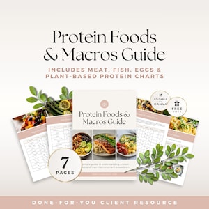 May include: A seven-page digital Protein Foods & Macros Guide featuring charts for meat, fish, eggs, and plant-based proteins. The document includes editable Canva templates, food photography, and nutritional breakdown tables with a clean, professional layout.