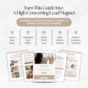 Peut inclure: Un guide de marketing num&eacute;rique avec le texte "Turn This Guide Into A High Converting Lead Magnet." L'image comprend une tablette et plusieurs pages avec du texte et des images, dont "Share Your Story" et "Highlight Your Offers."