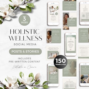 May include: A collection of 150 digital social media templates for holistic wellness, featuring pre-written content and editable layouts. The design includes sage green accents, white text, and magnolia flower graphics, displayed on mobile phone screens.