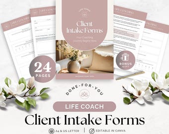 Formulario de admisión de coach de vida Cuestionario de incorporación de nuevos clientes Paquete de bienvenida Hojas de trabajo para establecer objetivos Formulario de consentimiento del acuerdo de servicio de coaching