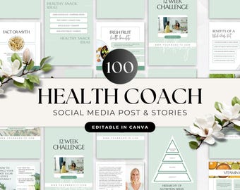 Mall för sociala medier för hälsocoach, coachingmallar och berättelser för Instagram, näring, välbefinnande, näringsexpert, holistisk, dietist, Canva
