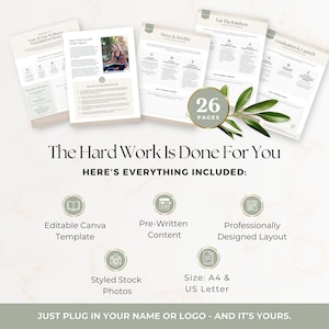 May include: An image promoting a wellness package with several pages of content. The image includes text and graphics, with icons and text that read "Editable Canva Template", "Pre-Written Content", and "Professionally Designed Layout". The text "The Hard Work Is Done For You" is also visible.