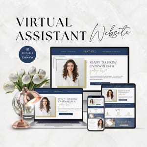 Sitio web de asistente virtual, plantilla Canva, plantillas VA, administrador de redes sociales, hecho para usted, página de ventas, página de destino, portafolio, Navy Gold