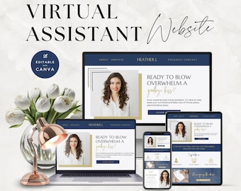 Op de afbeelding: Een digitale weergave van een website-sjabloon voor virtuele assistenten op een laptop, tablet en smartphone. Het ontwerp heeft een marineblauw en wit kleurenschema met de tekst Heather J. en Ready to blow overwhelm a goodbye kiss.