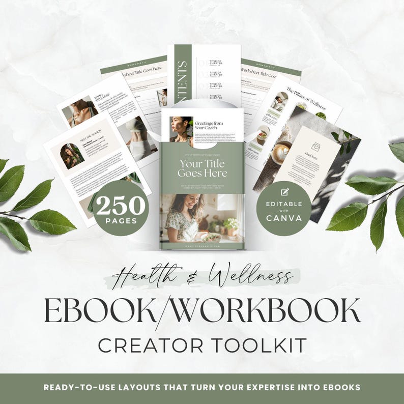 Kit de herramientas de libros electrónicos sobre salud y bienestar para Canva / Más de 250 plantillas editables de libros de trabajo, imanes de clientes potenciales y guías para entrenadores de bienestar imagen 1