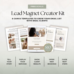 Op de afbeelding: Een digitale marketingafbeelding met de tekst "Lead Magnet Creator Kit" en "8 Canva Templates". De afbeelding bevat een tablet en verschillende afgedrukte pagina's met tekst en afbeeldingen. De afbeelding bevat ook de tekst "Tell Your Story", "Display Your Services", "Show Client Results", "Offer New Bookings" en "Guide Next Steps".