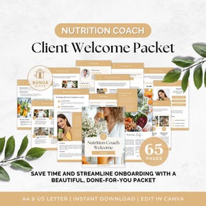 Op de afbeelding: Een 65-pagina tellend Nutrition Coach Client Welcome Packet sjabloon in A4 en US Letter formaat. Het document bevat beige en witte kleurenschema's, tekstkoppen en afbeeldingen van gezond eten, ontworpen voor bewerking in Canva software.