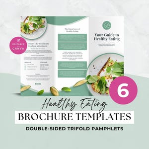 Könnte beinhalten: Eine dreifach gefaltete Broschürenvorlage mit dem Titel Your Guide to Healthy Eating, grünen Akzenten, Textabschnitten zur Ernährung, Kontaktinformationen und Bildern von Avocadotoast auf Tellern. Das Design enthält einen rosa Kreis mit der Zahl 6.