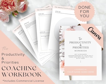 Plantilla de Canva para hojas de trabajo de coaching, libro de trabajo prediseñado, coach de vida, negocios, carrera profesional, mentalidad, creador de cursos, productividad y prioridades.