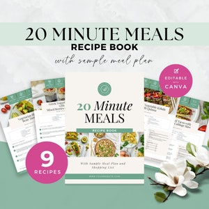 Puede incluir: Una descarga digital rosa y verde para un libro de recetas de 20 minutos de comidas con 9 recetas. La portada presenta un collage de fotos de comida y el texto "20 Minute Meals Recipe Book with sample meal plan and shopping list".