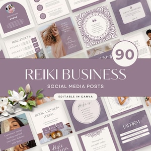 May include: A collection of 90 editable social media post templates for a Reiki business, featuring a mauve and white color palette. The designs include mandala patterns, floral accents, and text layouts for services, quotes, and affirmations.
