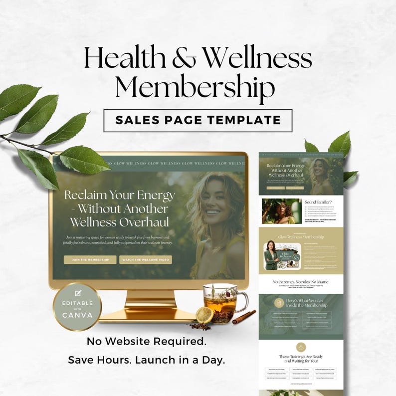 Canva Mitgliedsverkaufsseite Vorlage für Gesundheits- & Wellnesscoaches: Startgruppenprogramm, digitales Angebot oder Online-Coaching-Abonnement Bild 1