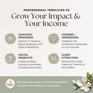 Op de afbeelding: Een afbeelding met tekst die luidt: "PROFESSIONAL TEMPLATES TO Grow Your Impact & Your Income." Het bevat ook tekst over coachingprogramma's, digitale producten, cursussen en workshops en klantenwerving. Een bloem staat in de rechter benedenhoek.