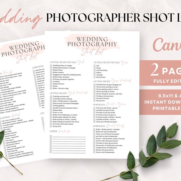 Liste de prises de vue de photographie de mariage, organisateur du jour du mariage pour le photographe, liste de contrôle de séance photo modifiable, modèle Canva, formulaires PDF imprimables