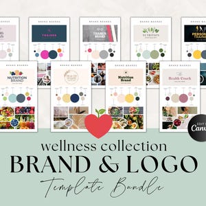 Op de afbeelding: Een wellness collectie merk- en logo sjabloonbundel met negen verschillende merkkaarten met diverse kleurenpaletten, typografie en afbeeldingen. De afbeelding bevat een rood hartvormig appelicoon en een zwarte ronde Edit in Canva badge.