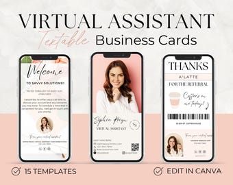 Tarjeta de visita digital de asistente virtual, código QR, tarjeta de agradecimiento para pequeñas empresas, descarga digital, tarjeta de regalo de café digital, plantilla Canva