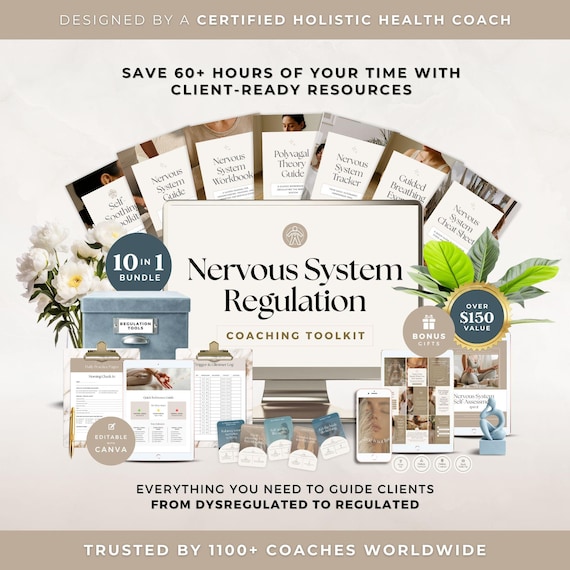 Nervous System Regulation Coaching Toolkit Canva Template: Guides, Workbooks, Tracker, Cheat Sheet, Flash Cards & Social Media Posts