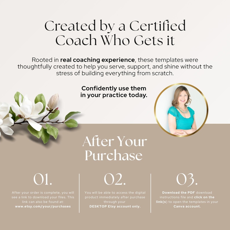 Op de afbeelding: Een digitale sjabloon-infografiek met de tekst Created by a Certified Coach Who Gets it, Rooted in real coaching experience, Confidently use them in your practice today en After Your Purchase met de stappen 01, 02 en 03.