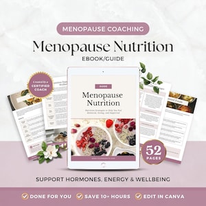 Plantilla de Canva para la guía nutricional de la menopausia, ebook sobre la perimenopausia, imán de clientes potenciales para la salud hormonal, recurso para coaches de bienestar y salud.