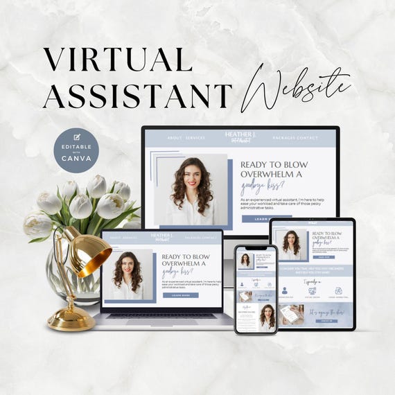 Virtual Assistant Website Template Canva, VA Templates, Social Media Manager, Done For You, Sales Page, Instant Download, Portfolio, Blue
