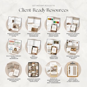 Op de afbeelding: Een digitale collectie van klantklare bronnen met twaalf ronde iconen die documenten, werkboeken en gidsen tonen. De tekst bevat GET INSTANT ACCESS TO Client-Ready Resources en diverse titels zoals Nervous System Regulation Guide.