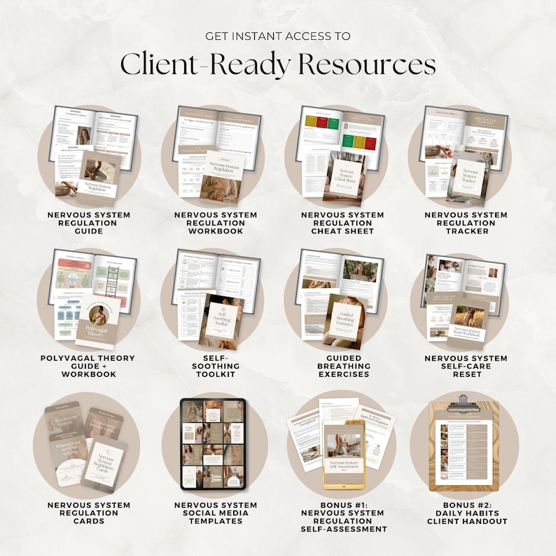 Op de afbeelding: Een digitale collectie van klantklare bronnen met twaalf ronde iconen die documenten, werkboeken en gidsen tonen. De tekst bevat GET INSTANT ACCESS TO Client-Ready Resources en diverse titels zoals Nervous System Regulation Guide.