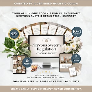 Coachtoolkit zenuwstelselregulatie Canva-sjabloon: gidsen, werkboeken, tracker, spiekbriefje, flashcards en posts op sociale media