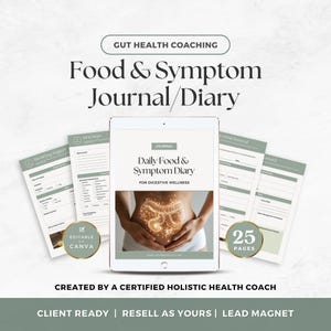Diario de alimentos y síntomas para la salud intestinal, diario de bienestar digestivo de 4 semanas, imán principal para coaches de nutrición, recurso de coaching holístico, Canva