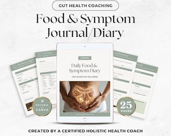 Diario de alimentos y síntomas para la salud intestinal, diario de bienestar digestivo de 4 semanas, imán principal para coaches de nutrición, recurso de coaching holístico, Canva