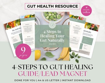 Conteúdo sobre saúde intestinal, modelo de programa de coaching de saúde, coach de nutrição, nutricionista, guia pronto para usar, e-book, flyer, Instagram, Canva