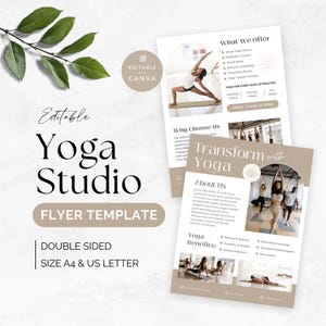Plantilla de volante para estudio de yoga, marketing de bienestar espiritual, clase de yoga, volante digital de fitness, imprimible y editable en Canva, minimalista y moderno.