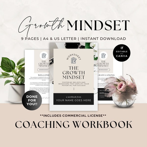 Life Coach Worksheets, Growth Mindset, Business Coaching Workbook Template, Done For You Content, Career, Personal Development, Canva, Luxe