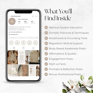Puede incluir: Un tel&eacute;fono inteligente que muestra un perfil de Instagram para mindbodycoach con una cuadr&iacute;cula de publicaciones, junto a una lista titulada What You'll Find Inside, con marcas de verificaci&oacute;n para Nervous System Education, Somatic Practices, Breathwork.