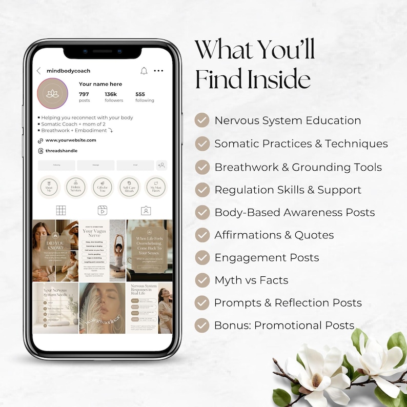 Puede incluir: Un tel&eacute;fono inteligente que muestra un perfil de Instagram para mindbodycoach con una cuadr&iacute;cula de publicaciones, junto a una lista titulada What You'll Find Inside, con marcas de verificaci&oacute;n para Nervous System Education, Somatic Practices, Breathwork.