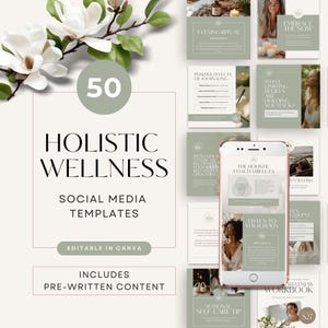 Puede incluir: Un conjunto de 50 plantillas para redes sociales sobre bienestar holístico, con tonos verde salvia y blanco y tipografía serif. El diseño incluye contenido preescrito, detalles de flores de magnolia y un smartphone mostrando diseños.