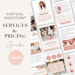 Guía de precios y servicios de asistente virtual, plantilla de cartera, lista de precios, incorporación de clientes, VA Business, administrador de redes sociales, Canva