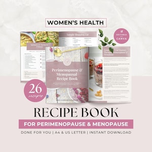 Plantilla editable de libro de recetas para la perimenopausia y la menopausia, 26 recetas para equilibrar las hormonas para entrenadoras de salud femenina y nutricionistas, Canva
