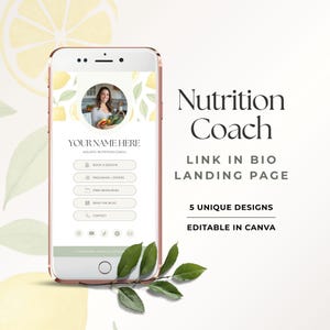 Può includere: Uno smartphone che mostra un modello di pagina di destinazione digitale per un coach nutrizionale. Lo schermo presenta una foto profilo circolare, il testo YOUR NAME HERE, HOLISTIC NUTRITION COACH e pulsanti per prenotazioni, programmi, risorse, blog e contatti.