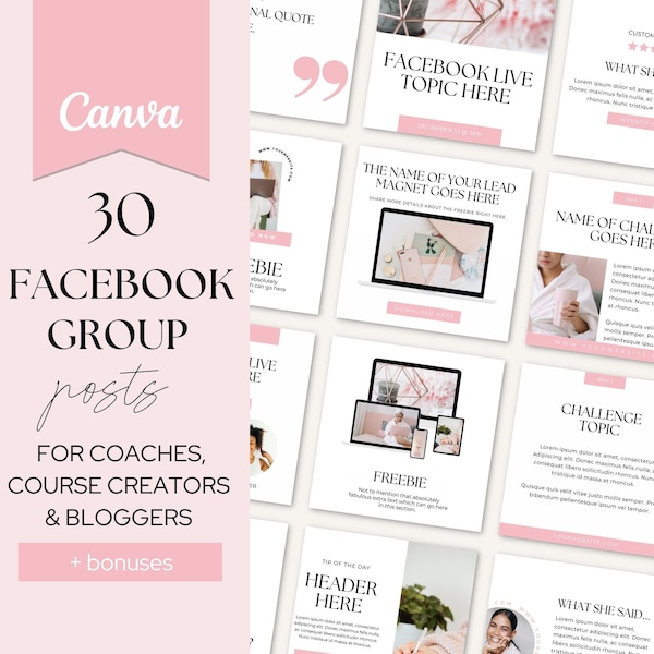 Facebook Group Posts, Facebook Posts Template Canva, Facebook Group Engagement Posts, Membership, Coaches, Bloggers, Course Creator, PINK