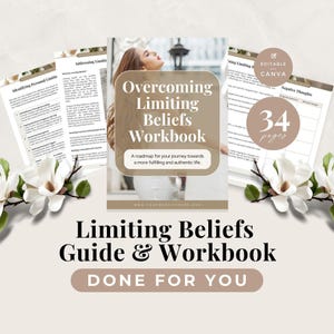 Puede incluir: Un libro de ejercicios digital titulado Overcoming Limiting Beliefs Workbook de 34 páginas, con una imagen de portada de una persona, páginas internas con texto como Identifying Personal Limitations y flores de magnolia blancas en las esquinas.