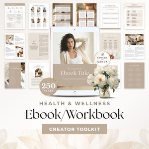 Puede incluir: Un kit de herramientas digital para la creación de libros electrónicos/cuadernos de trabajo sobre salud y bienestar. La imagen presenta una tableta con páginas de libros electrónicos, una mujer y flores blancas. El texto incluye "Ebook Title", "250 Pages" y "Creator Toolkit".